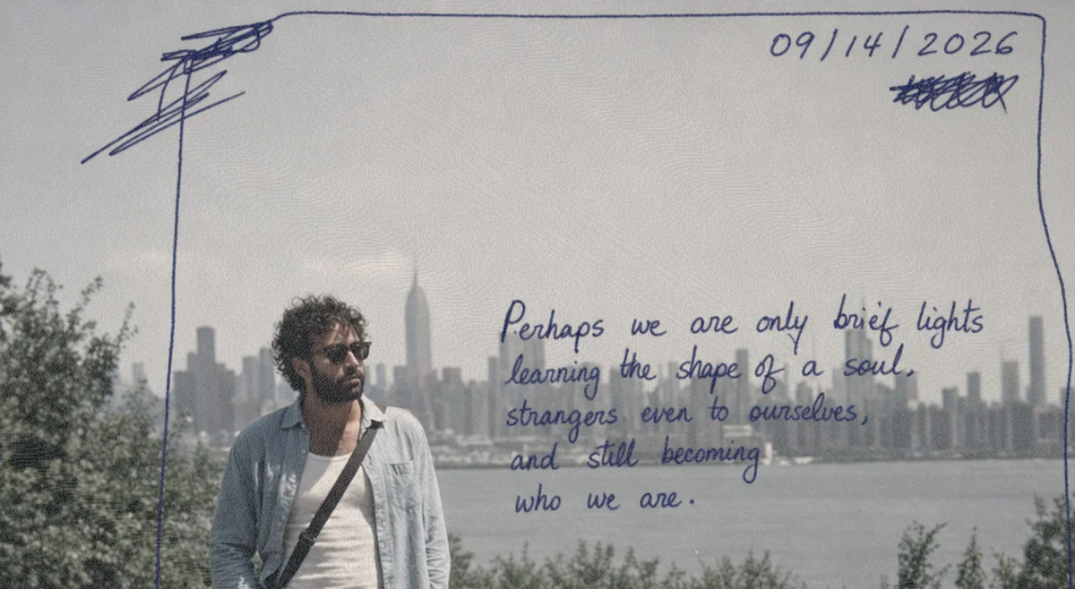 A portrait by the New York skyline with handwritten reflections